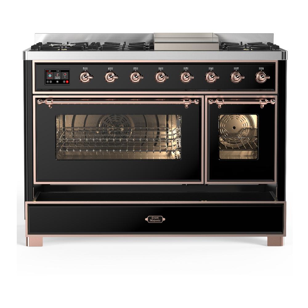 ILVE UM48FNR3BKPLP Majestic III 48 inch Dual Fuel Range with 8 Burners and Griddle, Dual Function Burner up to 25,000 BTU (Liquid Propane, Triple Glass Door, Glossy Black, Copper)