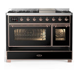 ILVE UM48FNR3BKPLP Majestic III 48 inch Dual Fuel Range with 8 Burners and Griddle, Dual Function Burner up to 25,000 BTU (Liquid Propane, Triple Glass Door, Glossy Black, Copper)