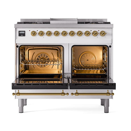 ILVE UND40FQNMPWHG Nostalgie II Noblesse 40 inch Dual Fuel Range (Natural Gas, Solid Door, White, Brass)
