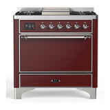 ILVE UM36FQNR3BUCLP Majestic III 36 inch Dual Fuel Range with 6 Black Brass Burners and Griddle, Dual Function Burner up to 25,000 BTU (Solid Door, Burgundy, Chrome, Liquid Propane)