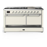 ILVE UM60FQNR3AWCLP Majestic III 60 inch Dual Fuel Range with 9 Burners and Griddle, Dual Function Burner up to 25,000 BTU (Liquid Propane, Solid Door, Antique White, Chrome)