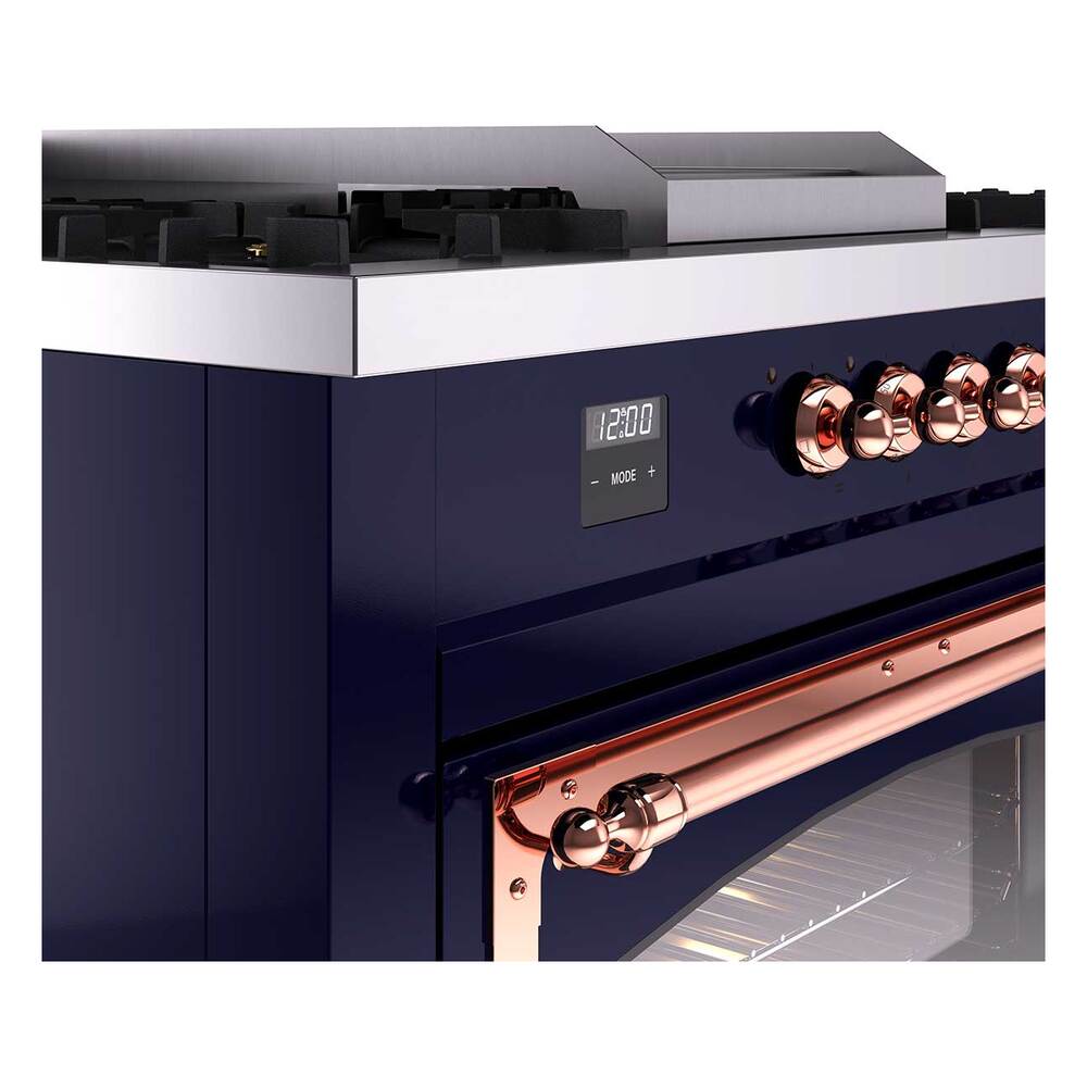ILVE UN60FSNMPMBPLP Nostalgie II Noblesse 60 inch Dual Fuel Range (7 Sealed Burners + Griddle + French Top, Liquid Propane, Triple Glass Door, Midnight Blue, Copper)