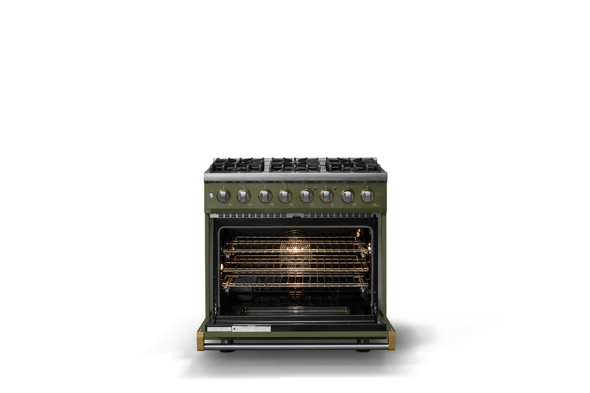 36"W. Dual Fuel Range (Burner: 6b, Finish: Martini, Trim: Brushed Brass, Fuel: Propane)