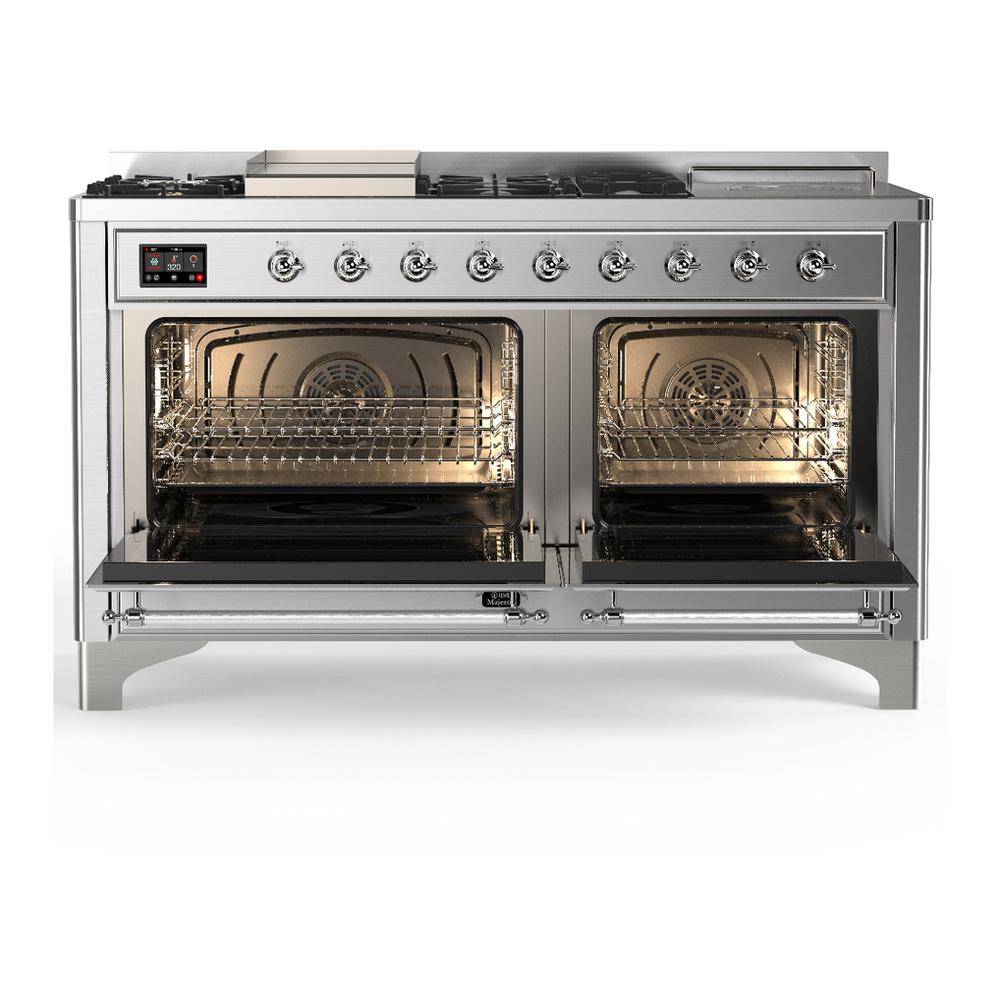 ILVE UM60FSNR3SSC Majestic III 60 inch Dual Fuel Range with 7 Burners, Griddle and French Top, Dual Function Burner with up to 25,000 BTU (Natural Gas, Triple Glass Door, Stainless Steel, Chrome)