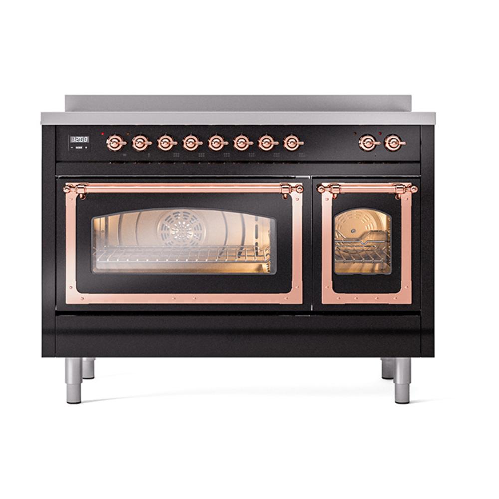 ILVE UNI486NMPBKP Nostalgie II Noblesse 48 inch Induction Range (Triple Glass Door, Glossy Black, Copper)