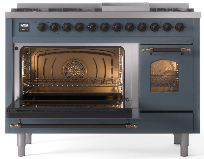 Nostalgie II 48 Inch Dual Fuel Natural Gas Freestanding Range in Blue Grey with Bronze Trim