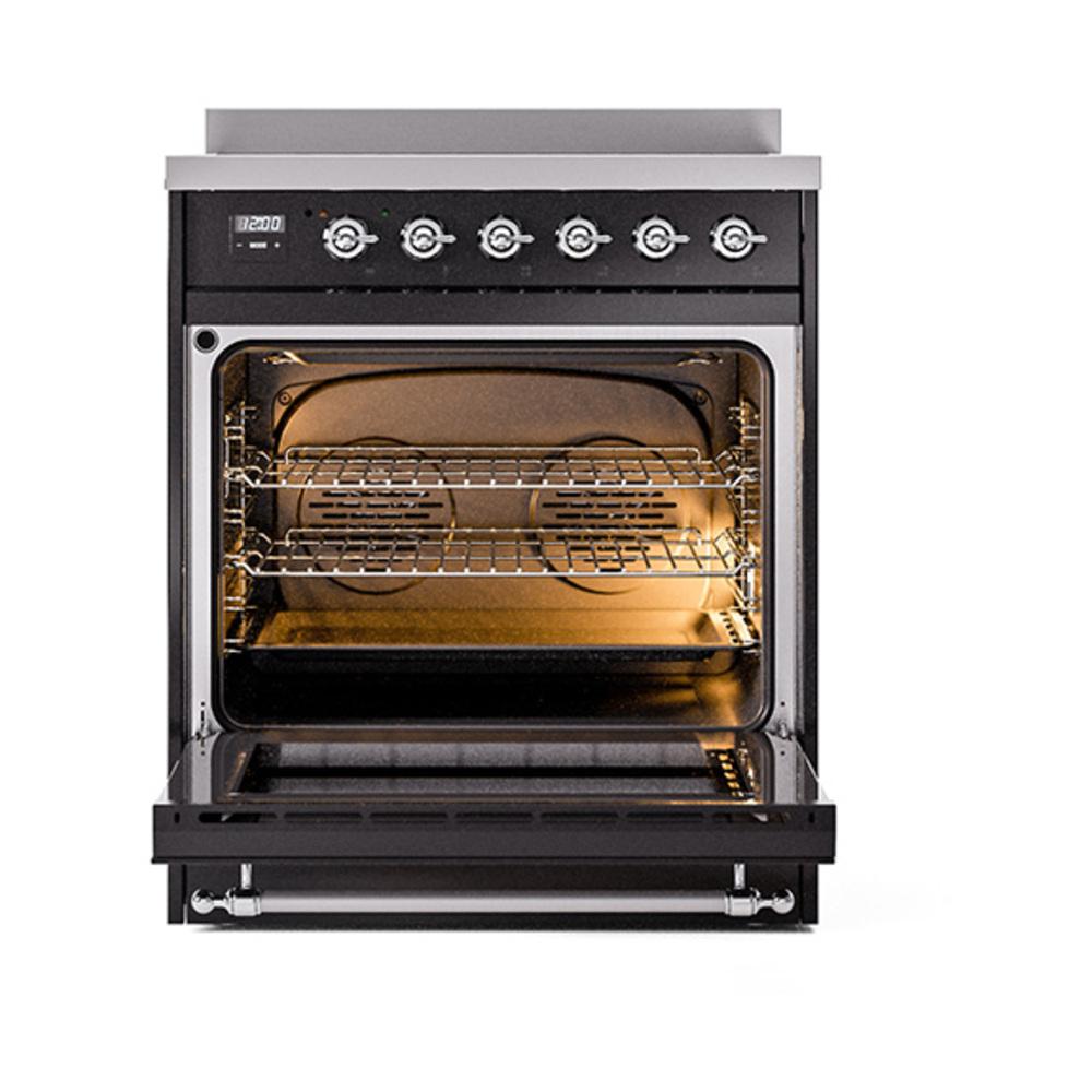 ILVE UNI304NMPBKC Nostalgie II Noblesse 30 inch Induction Range (Triple Glass Door, Glossy Black, Chrome)
