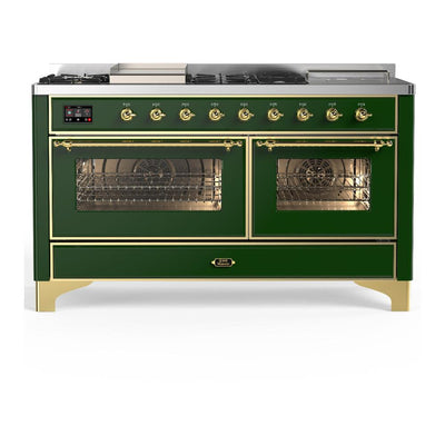 ILVE UM60FSNR3EGG Majestic III 60 inch Dual Fuel Range with 7 Burners, Griddle and French Top, Dual Function Burner with up to 25,000 BTU (Natural Gas, Triple Glass Door, Emerald Green, Brass)