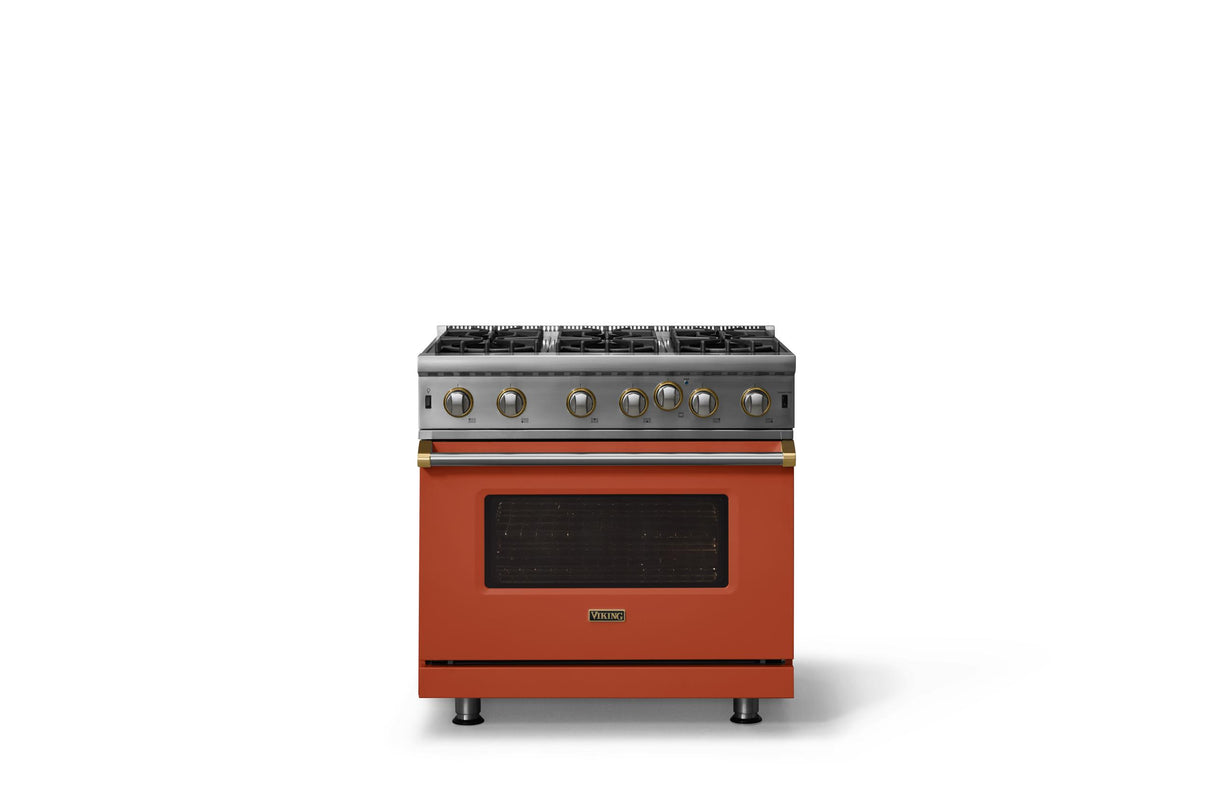 36"W. Open Burner Gas Range (Finish: Spiced Cider, Trim: Brushed Brass, Fuel: Natural Gas)