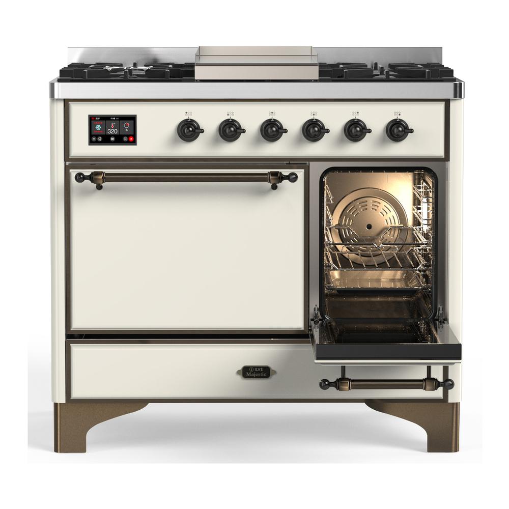 ILVE UMD40FQNR3AWB Majestic III 40 inch Dual Fuel Range with 6 Burners and Griddle, Dual Function Burner up to 25,000 BTU (Natural Gas, Solid Door, Antique White, Burnished)