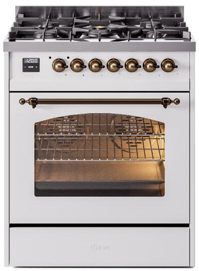 Nostalgie II 30 Inch Dual Fuel Liquid Propane Freestanding Range in White with Bronze Trim