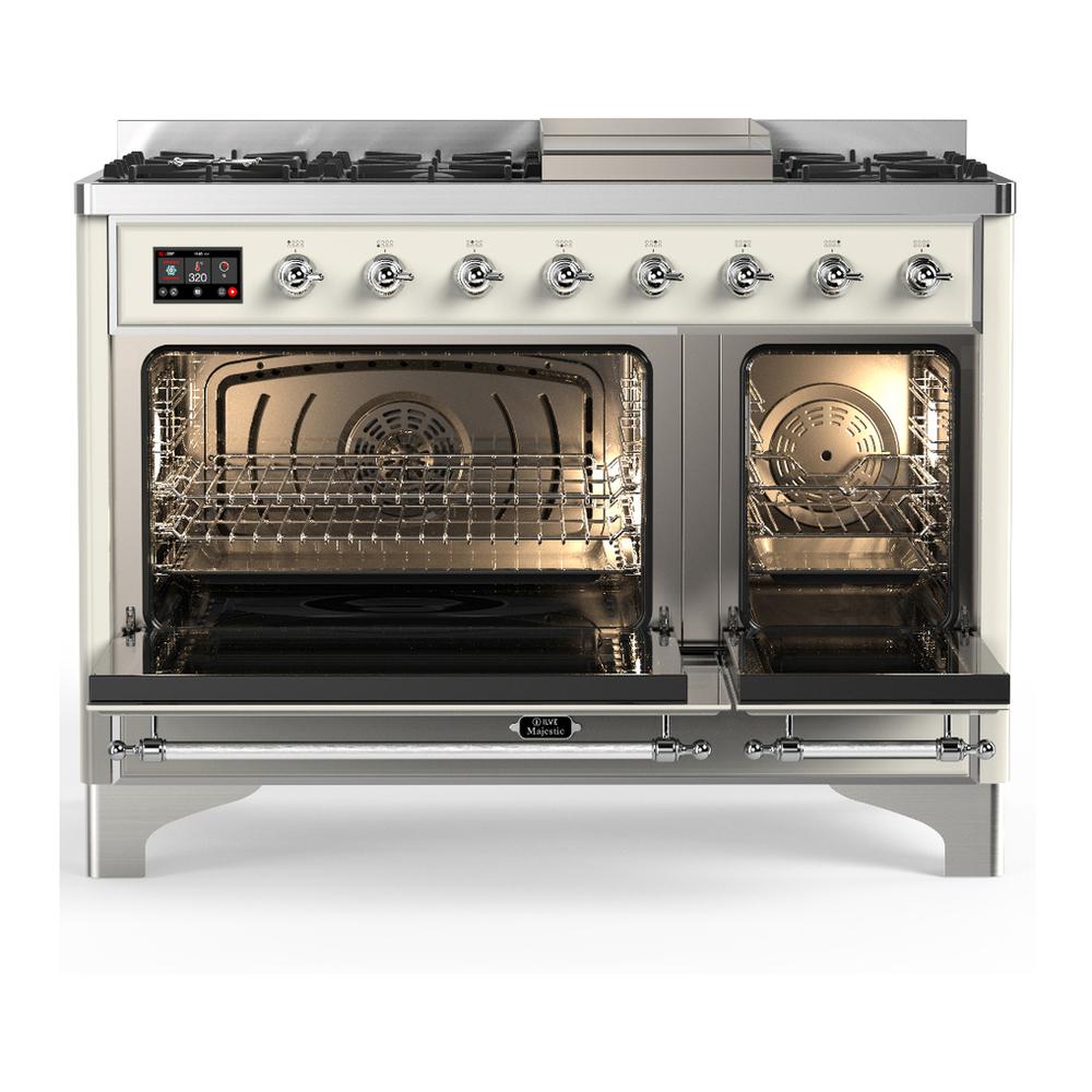 ILVE UM48FNR3AWCLP Majestic III 48 inch Dual Fuel Range with 8 Burners and Griddle, Dual Function Burner up to 25,000 BTU (Liquid Propane, Triple Glass Door, Antique White, Chrome)