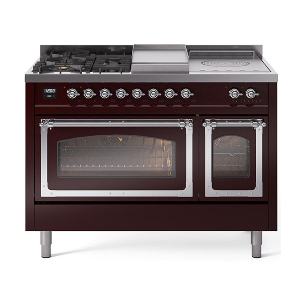 ILVE UN48FSNMPBUC Nostalgie II Noblesse 48 inch Dual Fuel Range (5 Sealed Burners + Griddle + French Top, Natural Gas, Triple Glass Door, Burgundy, Chrome)