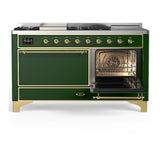ILVE UM60FSQNR3EGGLP Majestic III 60 inch Dual Fuel Range with 7 Burners, Griddle and French Top, Dual Function Burner with up to 25,000 BTU (Liquid Propane, Solid Door, Emerald Green, Brass)