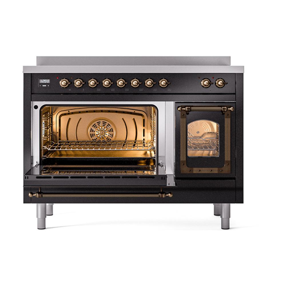 ILVE UNI486NMPBKB Nostalgie II Noblesse 48 inch Induction Range (Triple Glass Door, Glossy Black, Burnished)