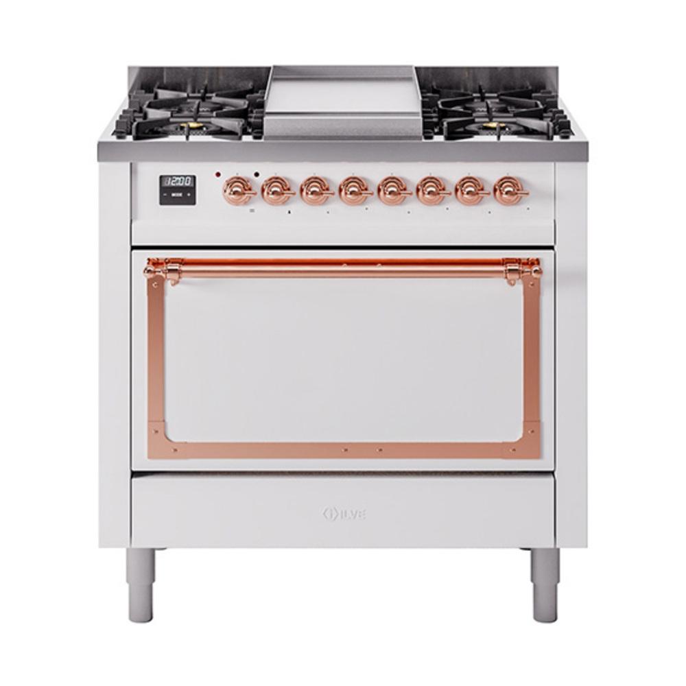 ILVE UN36FQNMPWHPLP Nostalgie II Noblesse 36 inch Dual Fuel Range (Liquid Propane, Solid Door, White, Copper)