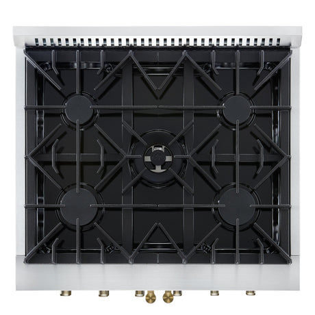 Forno Galiano 30-inch French Door Gas RangenWhite with Antique Brass Design, 5 Burners,n68,000 BTU, 4.32 cu.ft. Convection Oven
