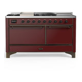 ILVE UM60FSQNR3BUBLP Majestic III 60 inch Dual Fuel Range with 7 Burners, Griddle and French Top, Dual Function Burner with up to 25,000 BTU (Liquid Propane, Solid Door, Burgundy, Burnished)