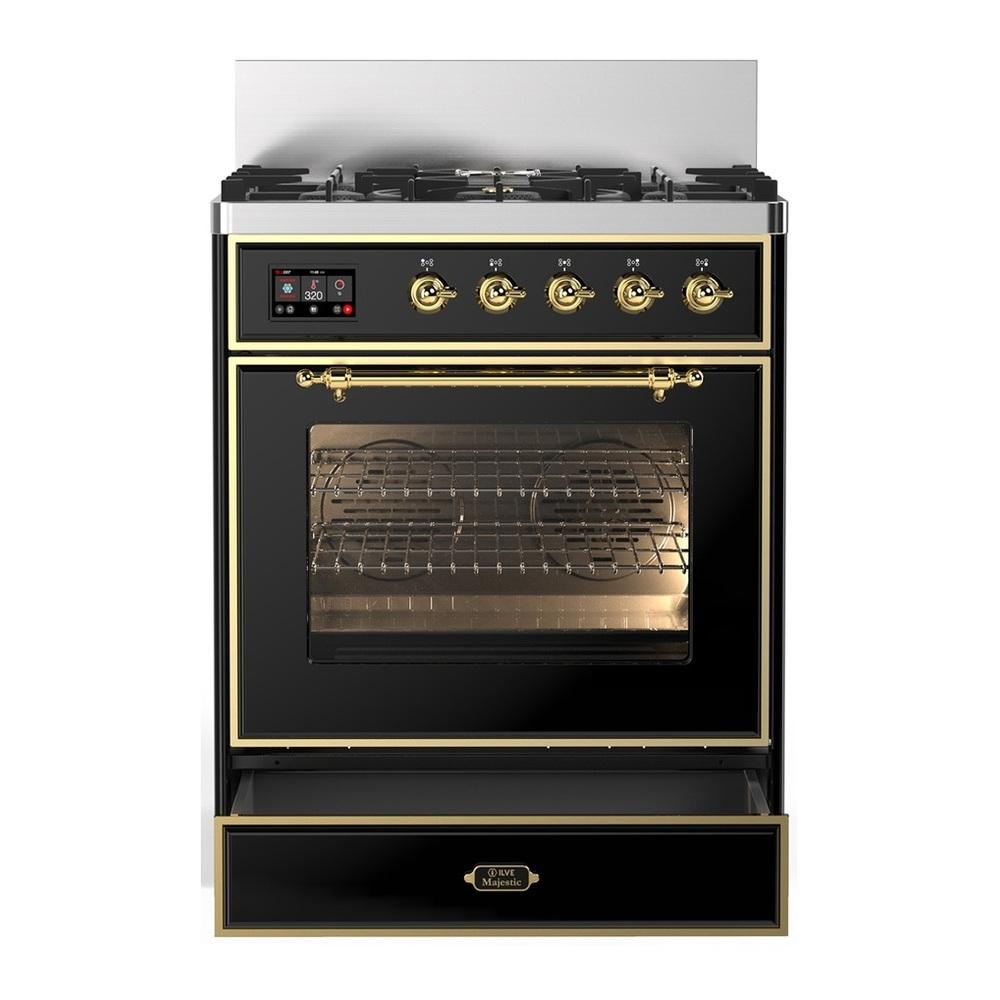 ILVE UM30NR3BKG Majestic III 30 inch Dual Fuel Range with 5 Black Brass Burners, Dual Function Burner up to 25,000 BTU (Natural Gas, Triple Glass Door, Glossy Black, Brass)