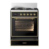 ILVE UM30NR3BKG Majestic III 30 inch Dual Fuel Range with 5 Black Brass Burners, Dual Function Burner up to 25,000 BTU (Natural Gas, Triple Glass Door, Glossy Black, Brass)
