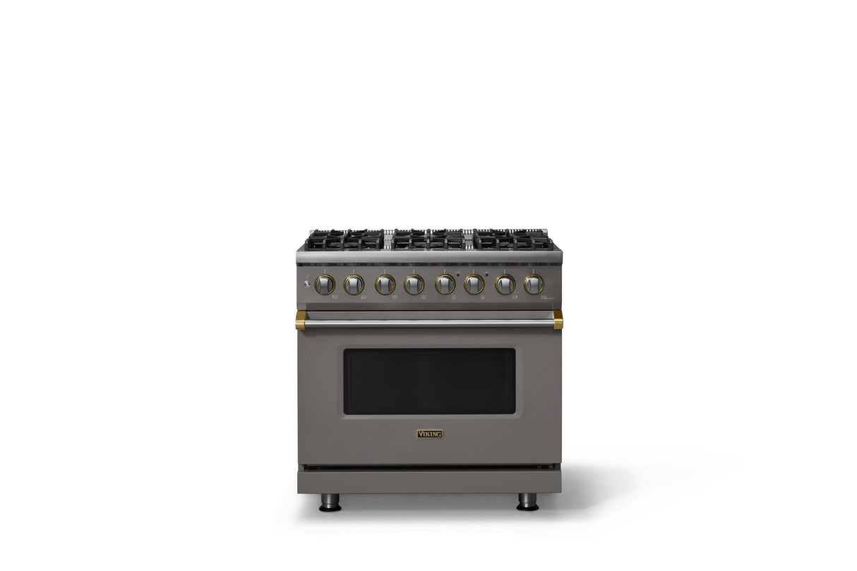 36"W. Dual Fuel Range (Burner: 6b, Finish: Damascus Gray, Trim: Brushed Brass, Fuel: Propane)