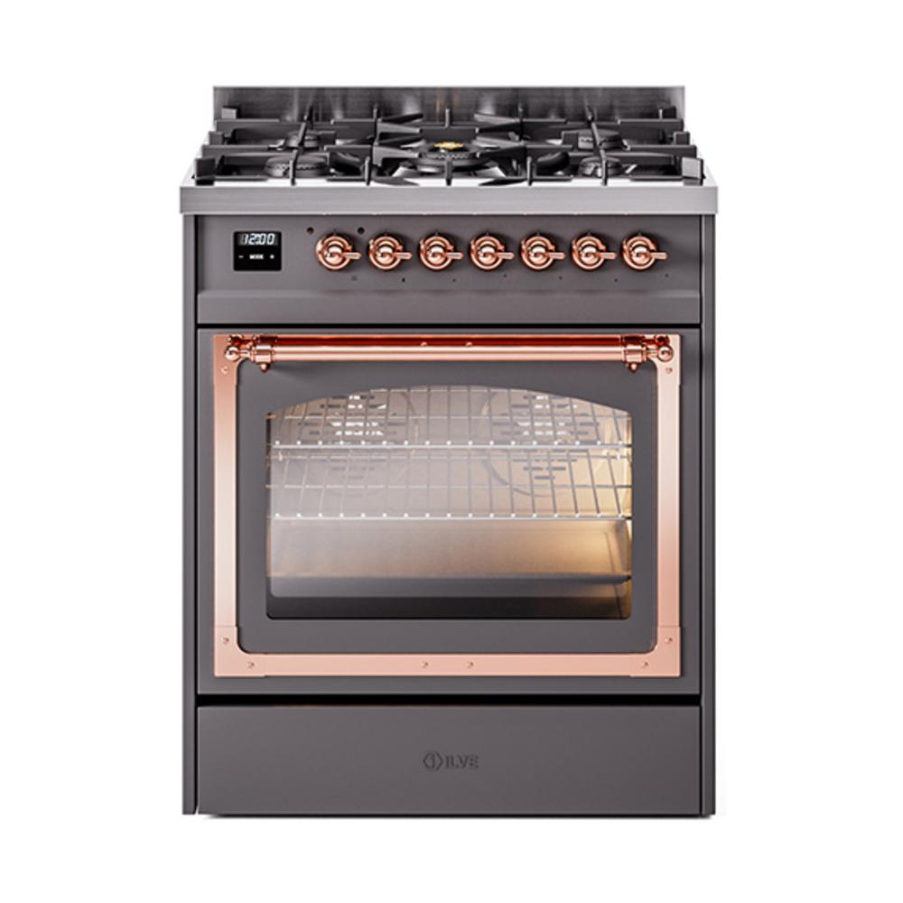 ILVE UN30NMPMGP Nostalgie II Noblesse 30 inch Dual Fuel Range (Natural Gas, Triple Glass Door, Graphite Matte, Copper)