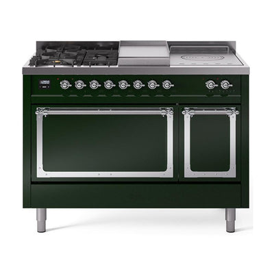ILVE UN48FSQNMPEGC Nostalgie II Noblesse 48 inch Dual Fuel Range (5 Sealed Burners + Griddle + French Top, Natural Gas, Solid Door, Emerald Green, Chrome)
