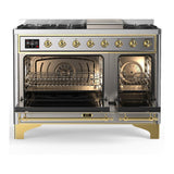 ILVE UM48FQNR3SSG Majestic III 48 inch Dual Fuel Range with 8 Burners and Griddle, Dual Function Burner up to 25,000 BTU (Natural Gas, Solid Door, Stainless Steel, Brass)