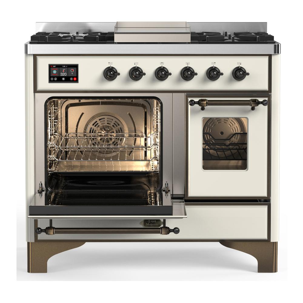 ILVE UMD40FNR3AWB Majestic III 40 inch Dual Fuel Range with 6 Burners and Griddle, Dual Function Burner up to 25,000 BTU (Natural Gas, Triple Glass Door, Antique White, Burnished)
