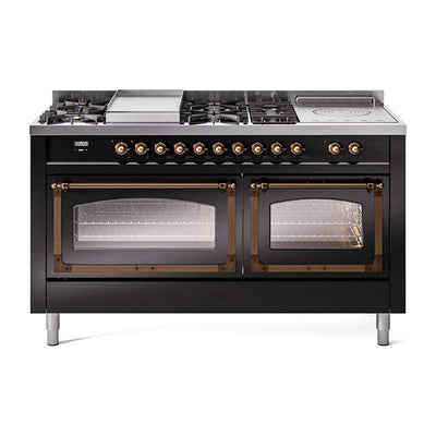 ILVE UN60FSNMPBKBLP Nostalgie II Noblesse 60 inch Dual Fuel Range (7 Sealed Burners + Griddle + French Top, Liquid Propane, Triple Glass Door, Glossy Black, Burnished)