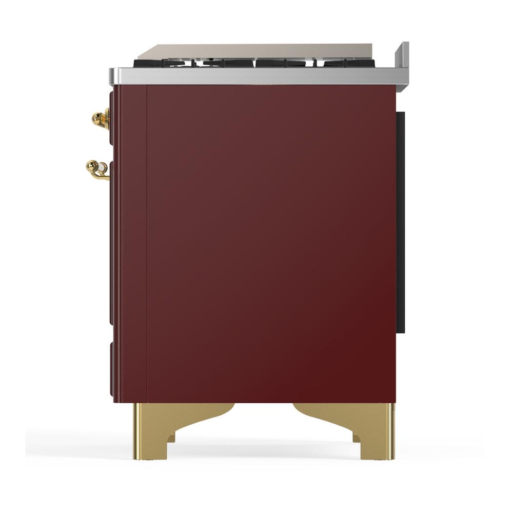 ILVE UM60FSQNR3BUGLP Majestic III 60 inch Dual Fuel Range with 7 Burners, Griddle and French Top, Dual Function Burner with up to 25,000 BTU (Liquid Propane, Solid Door, Burgundy, Brass)