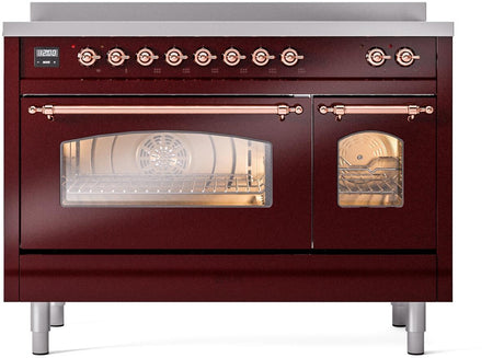 Nostalgie II 48 Inch Electric Freestanding Range in Burgundy with Copper Trim