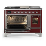 ILVE UM48FSNR3BUCLP Majestic III 48 inch Dual Fuel Range with 5 Black Brass Burners, Griddle and French Top, Dual Function Burner up to 25,000 BTU (Liquid Propane, Triple Glass Door, Burgundy, Chrome)