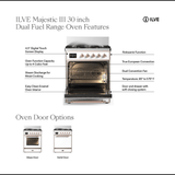 ILVE UM30NR3MGG Majestic III 30 inch Dual Fuel Range with 5 Black Brass Burners, Dual Function Burner up to 25,000 BTU (Natural Gas, Triple Glass Door, Graphite Matte, Brass)