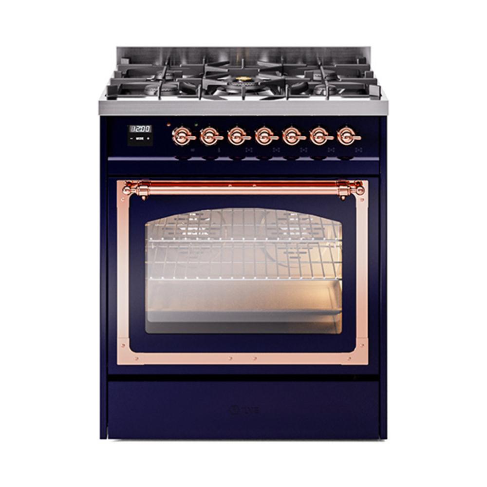 ILVE UN30NMPMBP Nostalgie II Noblesse 30 inch Dual Fuel Range (Natural Gas, Triple Glass Door, Midnight Blue, Copper)