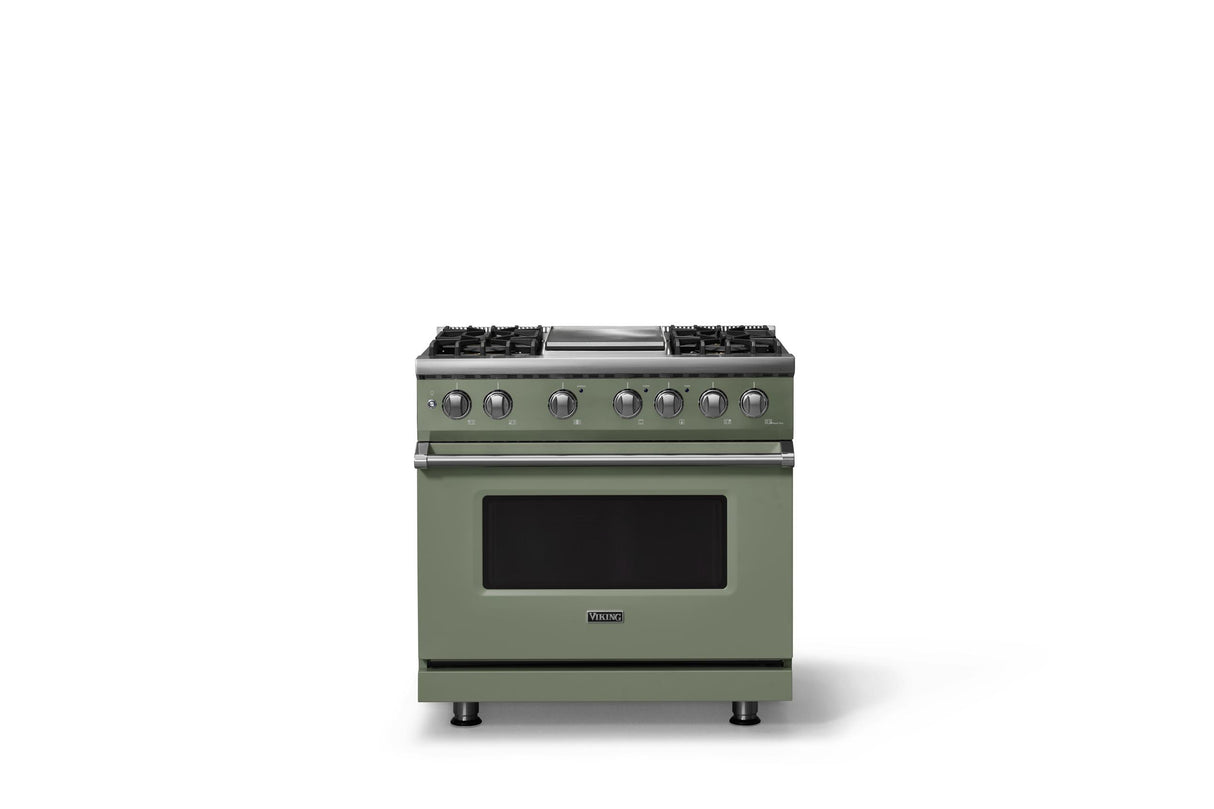 36"W. Dual Fuel Range (Burner: 4g, Finish: Eucalyptus, Trim: Polished Chrome, Fuel: Propane)