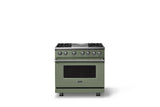 36"W. Dual Fuel Range (Burner: 4g, Finish: Eucalyptus, Trim: Polished Chrome, Fuel: Propane)