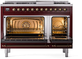 Nostalgie II 48 Inch Dual Fuel Natural Gas Freestanding Range in Burgundy with Bronze Trim