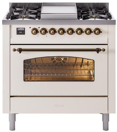 Nostalgie II 36 Inch Dual Fuel Natural Gas Freestanding Range in Antique White with Bronze Trim