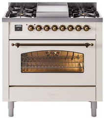 Nostalgie II 36 Inch Dual Fuel Natural Gas Freestanding Range in Antique White with Bronze Trim