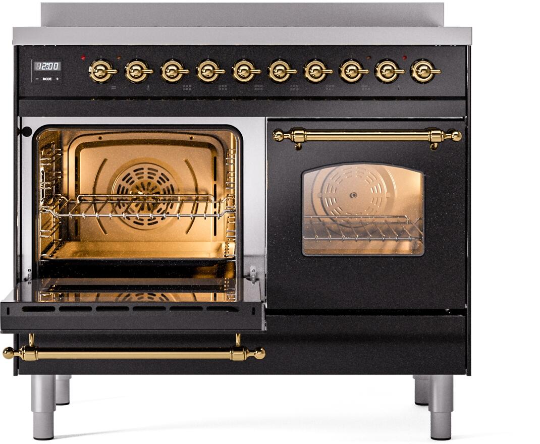 Nostalgie II 40 Inch Electric Freestanding Range in Glossy Black with Brass Trim