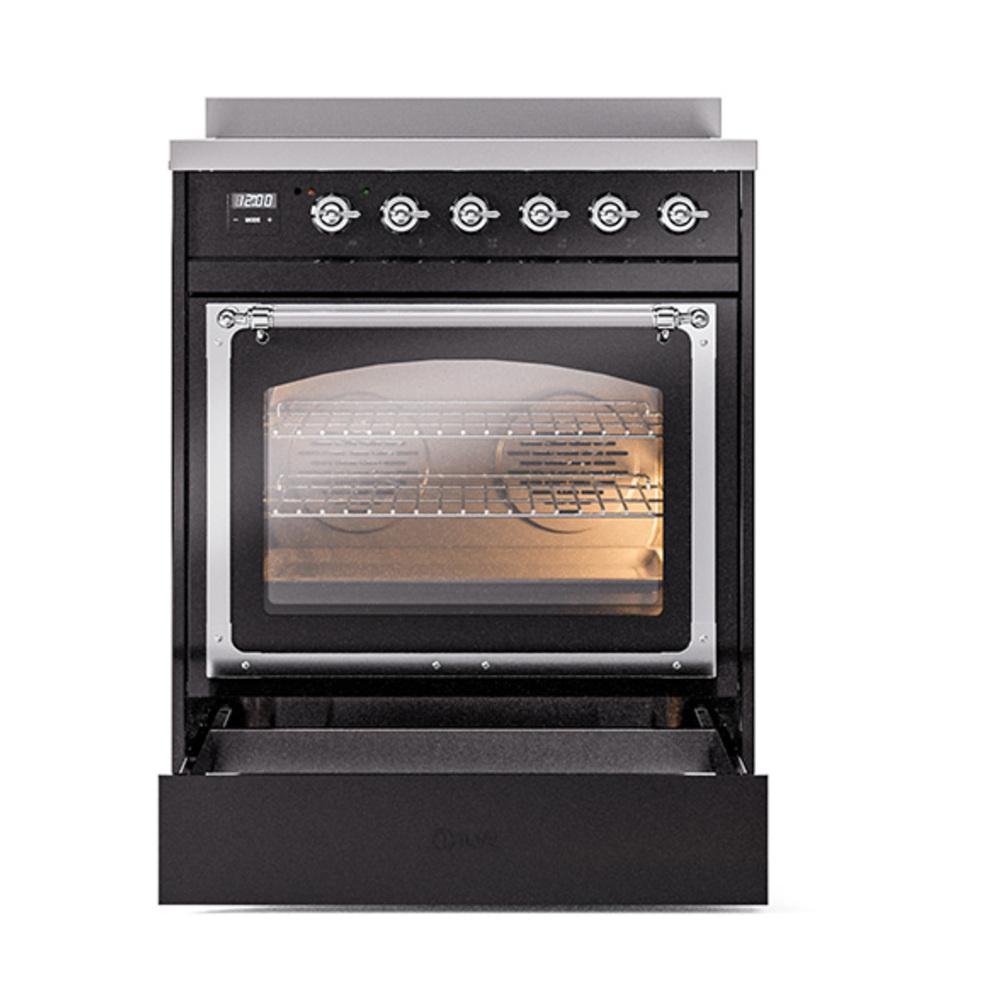 ILVE UNI304NMPBKC Nostalgie II Noblesse 30 inch Induction Range (Triple Glass Door, Glossy Black, Chrome)
