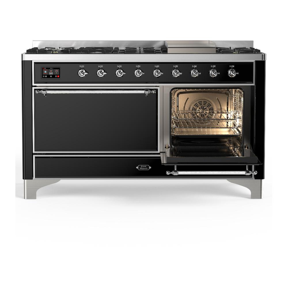 ILVE UM60FQNR3BKCLP Majestic III 60 inch Dual Fuel Range with 9 Burners and Griddle, Dual Function Burner up to 25,000 BTU (Liquid Propane, Solid Door, Glossy Black, Chrome)