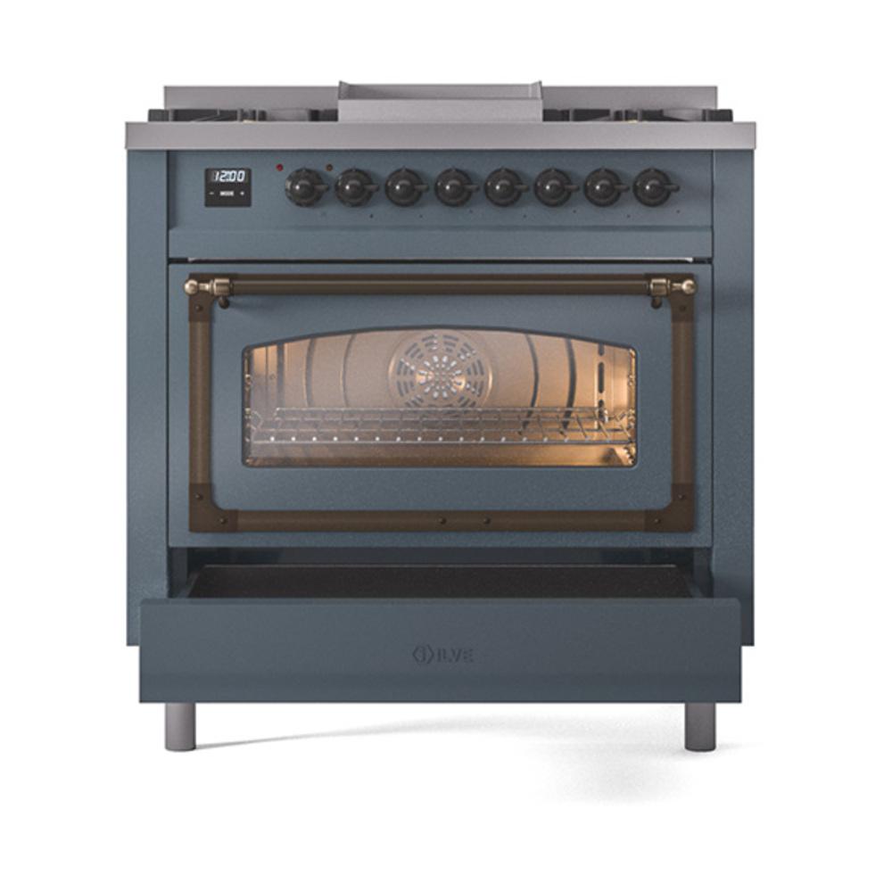 ILVE UN36FNMPBGBLP Nostalgie II Noblesse 36 inch Dual Fuel Range (Liquid Propane, Triple Glass Door, Blue Grey, Burnished)