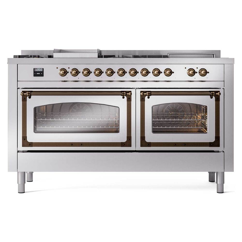 ILVE UN60FSNMPSSBLP Nostalgie II Noblesse 60 inch Dual Fuel Range (7 Sealed Burners + Griddle + French Top, Liquid Propane, Triple Glass Door, Stainless Steel, Burnished)