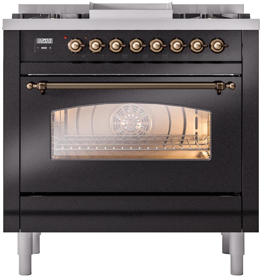 Nostalgie II 36 Inch Dual Fuel Natural Gas Freestanding Range in Glossy Black with Bronze Trim