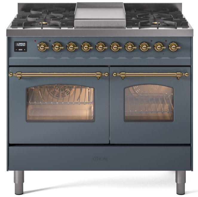 Nostalgie II 40 Inch Dual Fuel Liquid Propane Freestanding Range in Blue Grey with Brass Trim