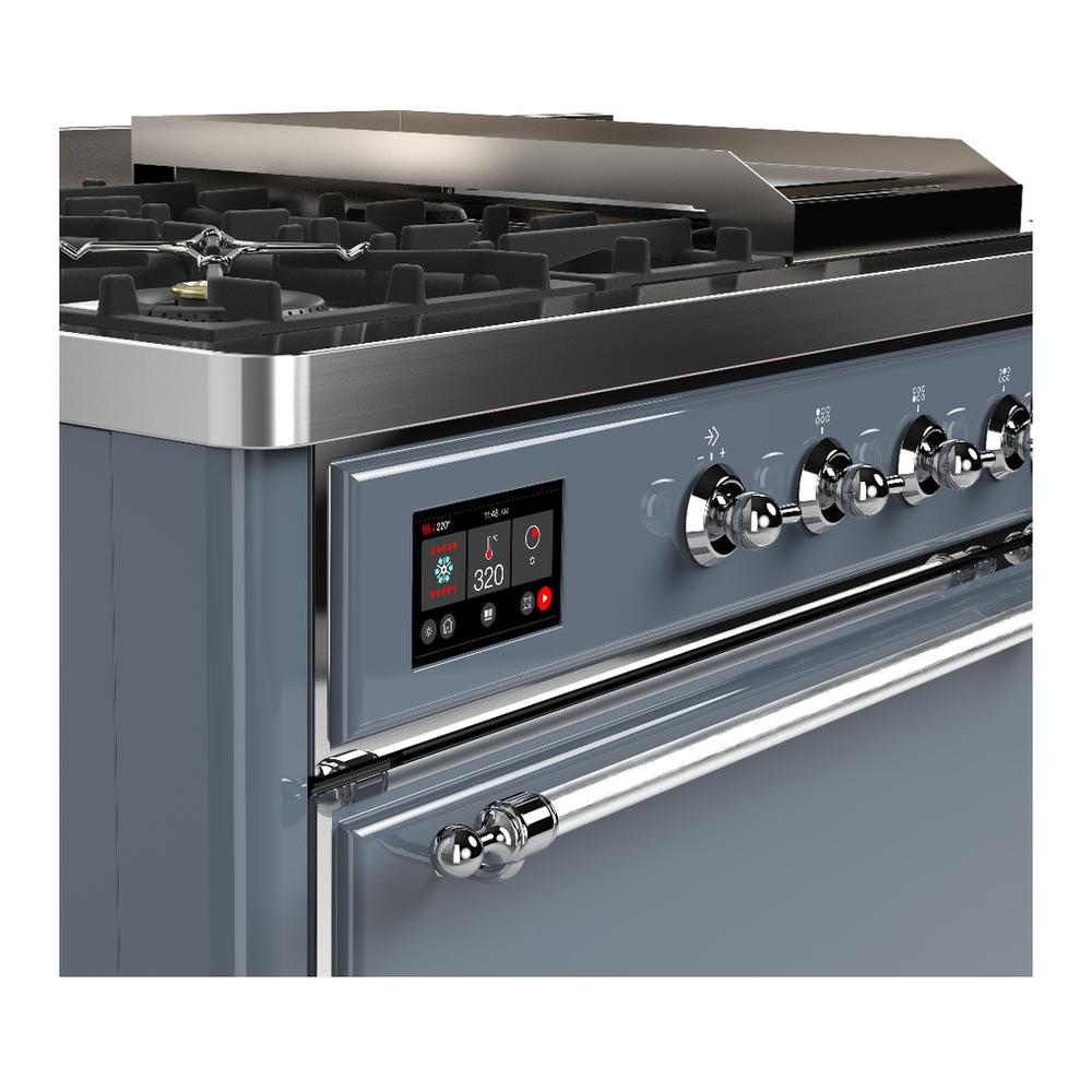 ILVE UM48FSQNR3BGC Majestic III 48 inch Dual Fuel Range with 5 Black Brass Burners, Griddle and French Top, Dual Function Burner up to 25,000 BTU (Natural Gas, Solid Door, Blue Grey, Chrome)