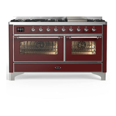 ILVE UM60FNR3BUCLP Majestic III 60 inch Dual Fuel Range with 9 Burners and Griddle, Dual Function Burner up to 25,000 BTU (Liquid Propane, Triple Glass Door, Burgundy, Chrome)