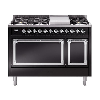 ILVE UN48FQNMPBKC Nostalgie II Noblesse 48 inch Dual Fuel Range (8 Sealed Burners + Griddle, Natural Gas, Solid Door, Glossy Black, Chrome)